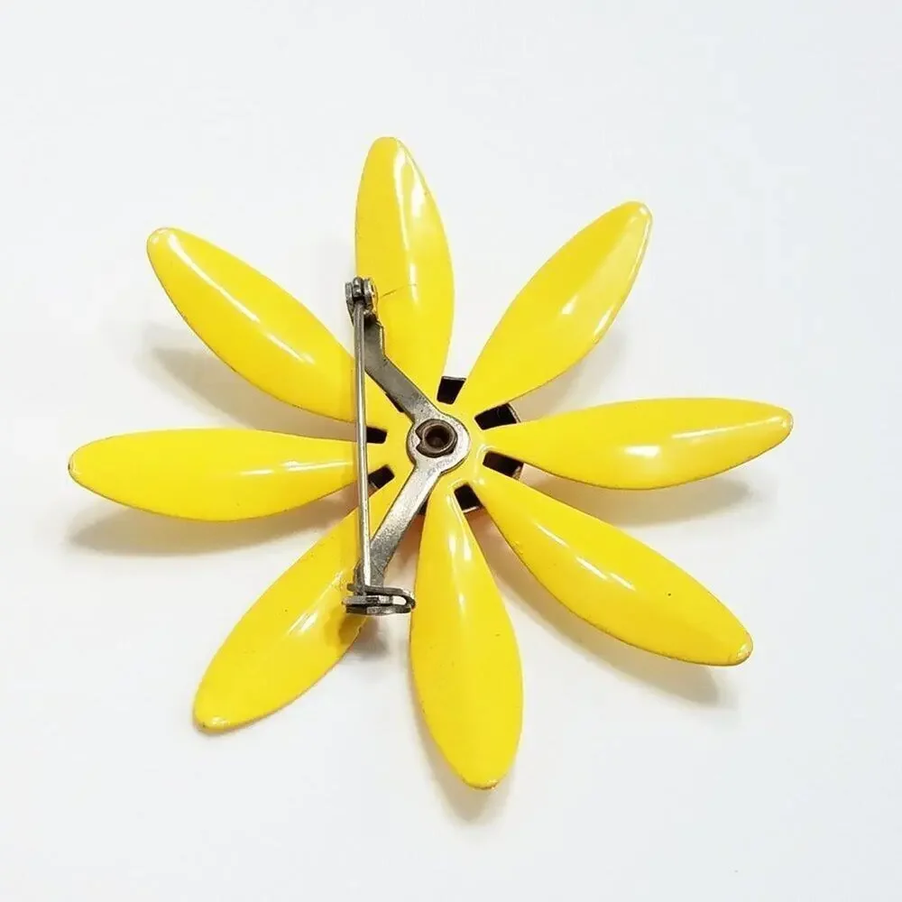 Vintage 1960s Yellow Enamel Daisy Flower Brooch Orange Center Mod Pin Jewelry